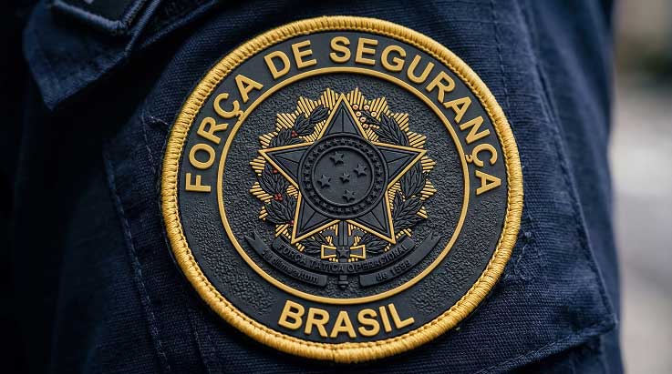 Emblema da Força de Segurança do Brasil costurado em uniforme azul escuro.