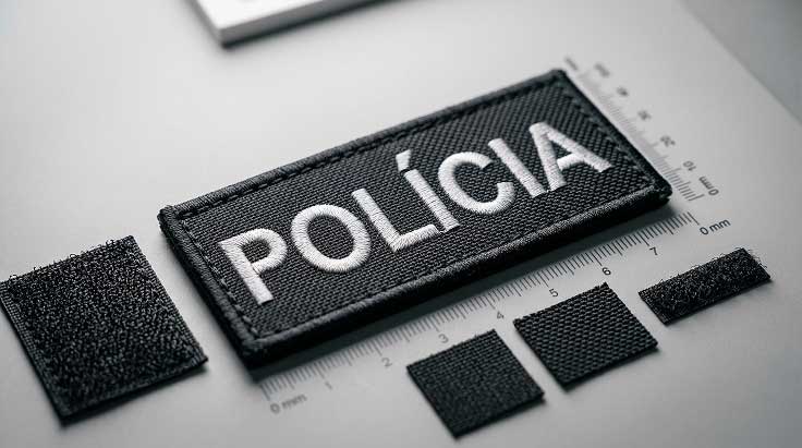 Patch preta com a palavra 'POLÍCIA' em branco e pequenos pedaços de velcro ao redor
