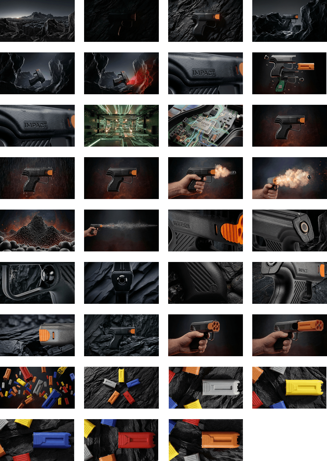 Sequência de imagens mostrando uma arma preta compacta com detalhes laranja em vários ângulos e ações.
