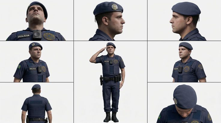 Policial masculino em uniforme azul em várias poses incluindo saudação e vistas lateral e frontal.