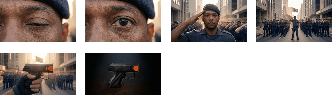 Sequência de imagens de policial com uniforme e boné, cumprimentando, e revólver preto com detalhes laranja.