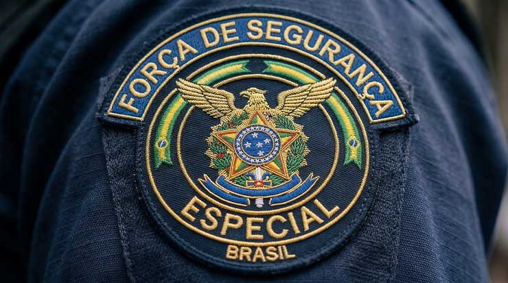 Distintivo bordado da Força de Segurança Especial do Brasil em uniforme azul escuro.