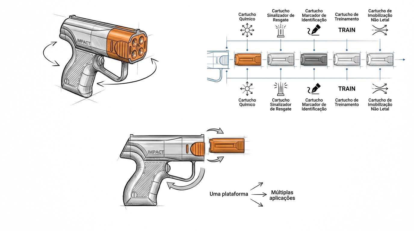 Desenho técnico de pistola com cartuchos intercambiáveis para várias aplicações não letais.