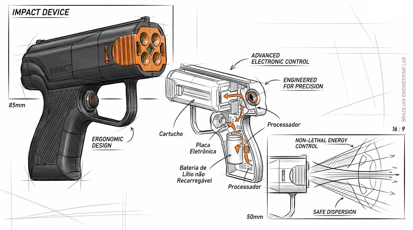 Dispositivo de impacto com design ergonômico e controle eletrônico para dispersão segura de energia não letal.