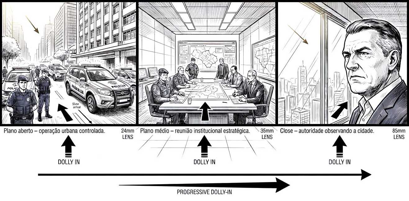Storyboard com três cenas: operação policial urbana, reunião institucional e autoridade observando a cidade.