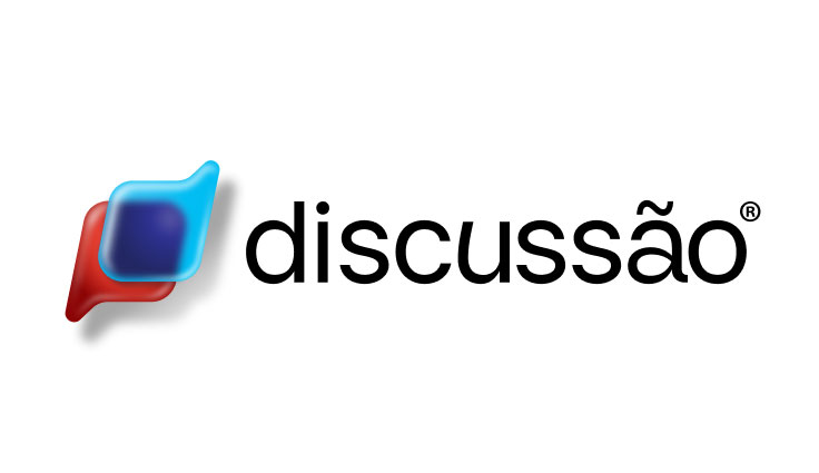 Logotipo da palavra discussão ao lado de dois balões de diálogo azul e vermelho sobrepostos.