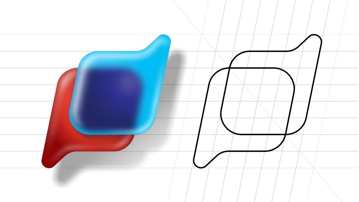 Formas abstratas sobrepostas em vermelho e azul com contornos pretos ao lado em fundo branco com linhas.