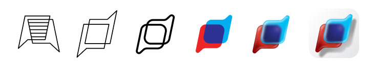 Sequência mostra evolução do design de um ícone em 6 etapas, de linhas simples a versão colorida 3D.
