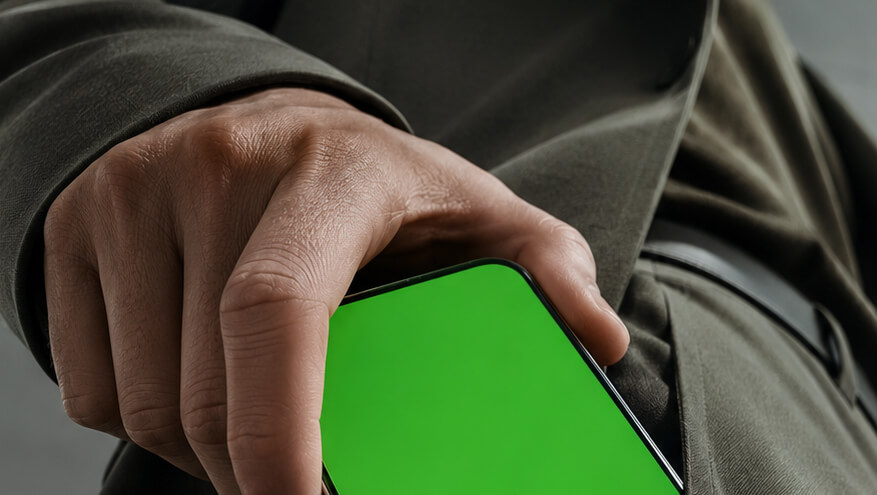 Mão segura um celular com tela verde, com pessoa vestindo jaqueta e cinto ao fundo.