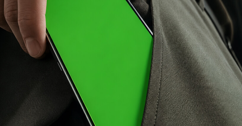 Pessoa colocando um celular com tela verde em um bolso de calça escura.