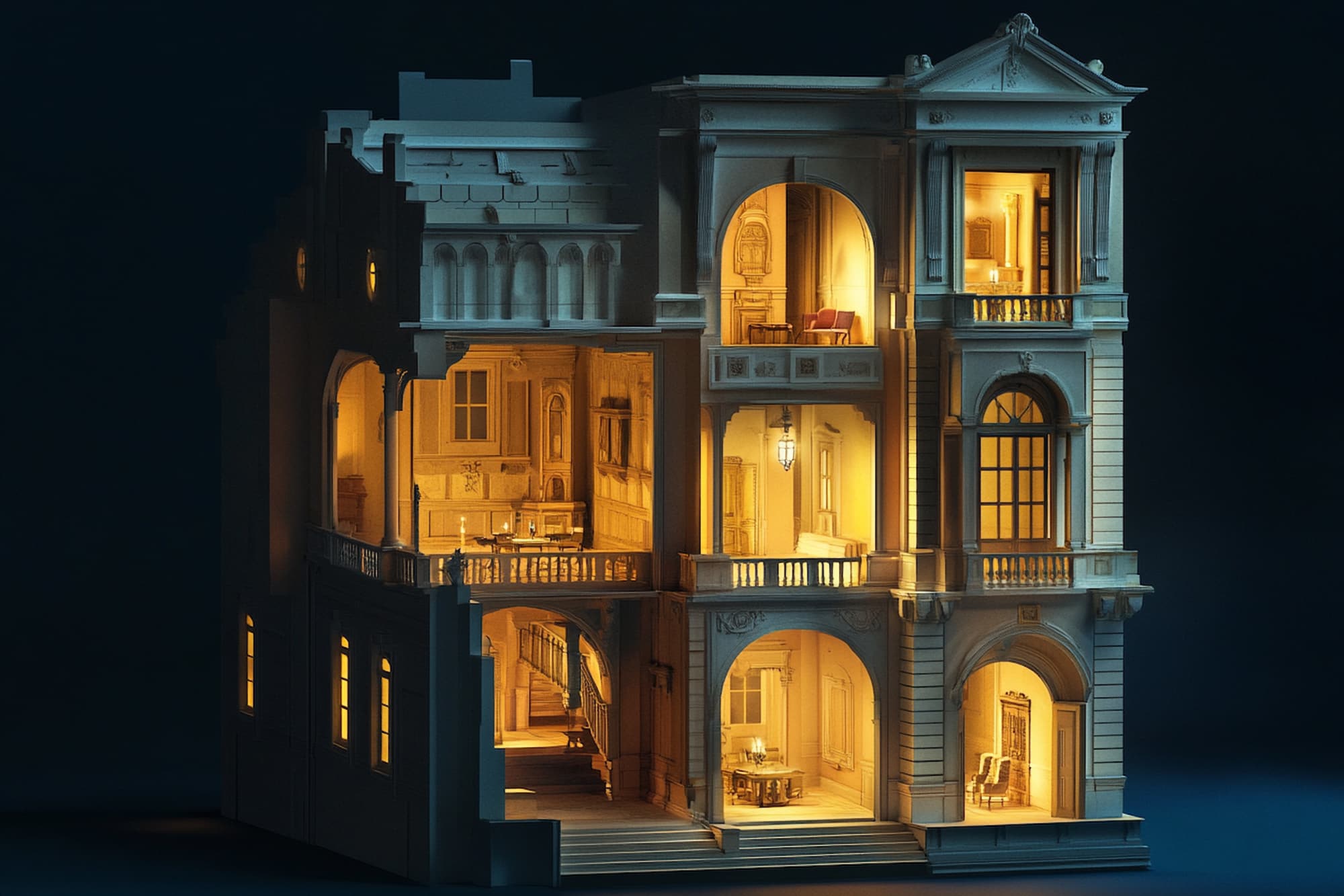 A cross section cutaway of a classical building revealing warm glowing golden rooms within a shadowed facade, symbolizing the hidden value inside a business in a high net worth divorce, for people navigating divorce in westside Los Angeles.