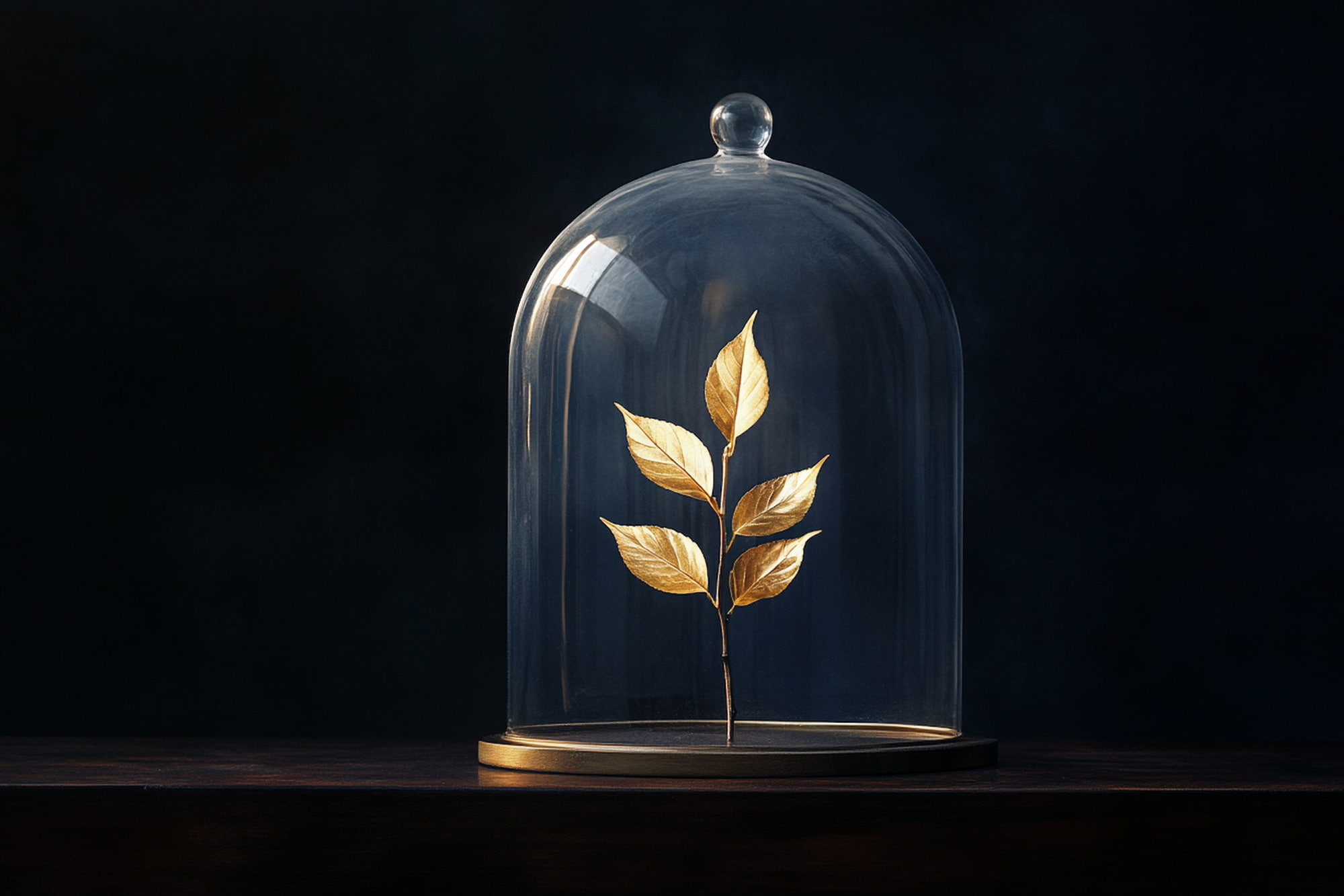A young sapling with golden leaves growing under a protective glass dome on a dark walnut surface, symbolizing safeguarding a child's financial future in a high net worth divorce, for people navigating divorce in westside Los Angeles.
