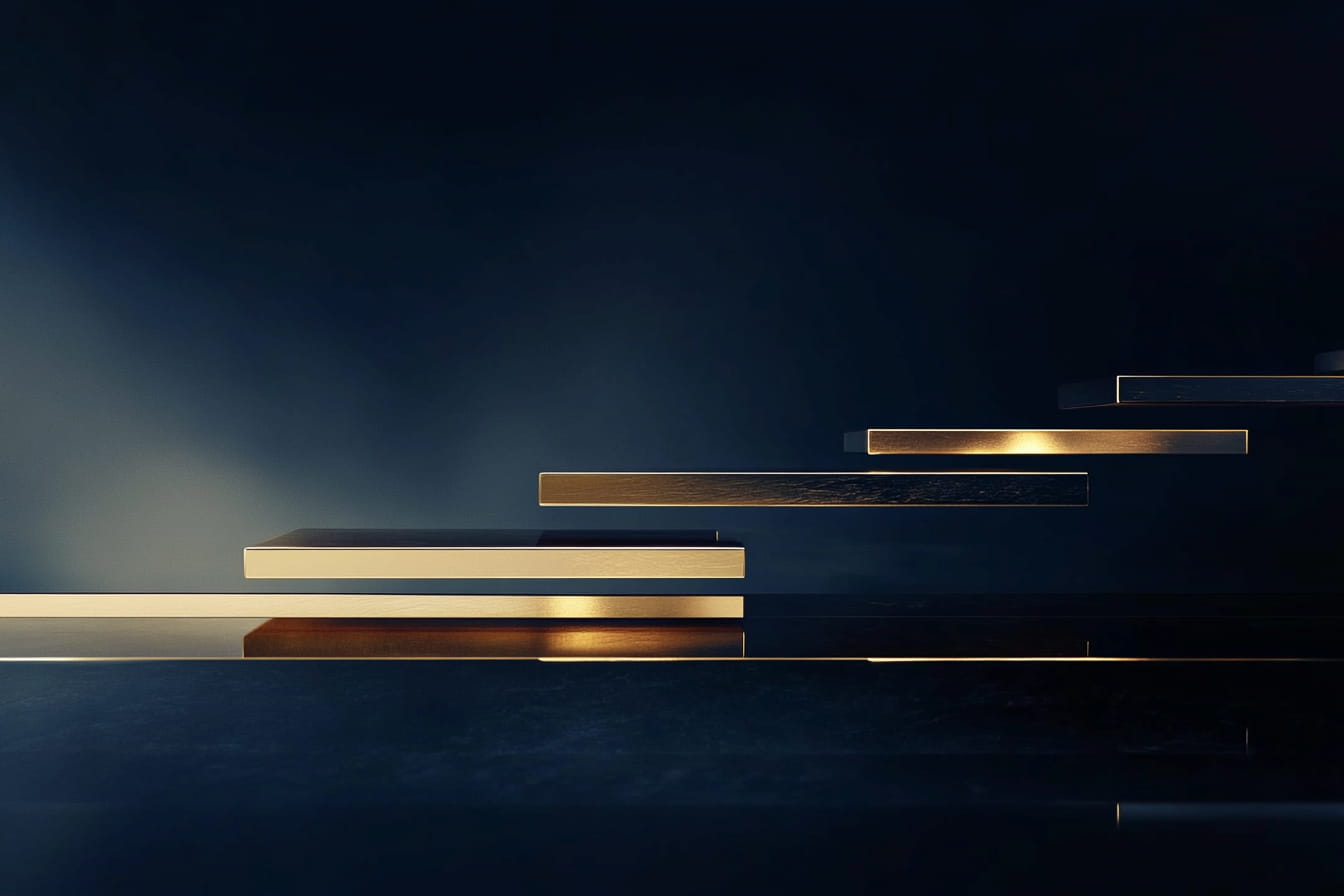 Editorial illustration of brass bars descending like steps into shadow on a midnight navy surface with antique gold light, symbolizing how California spousal support steps down over time, for people navigating a high net worth divorce.