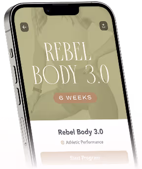Smartphone screen showing Rebel Body 3.0 fitness program advertisement for 6 weeks.