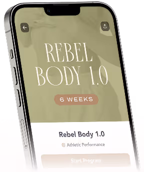 Smartphone screen showing a fitness app titled Rebel Body 1.0 with a 6-week program.