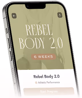 Smartphone screen showing Rebel Body 2.0 fitness program for 6 weeks with start button.