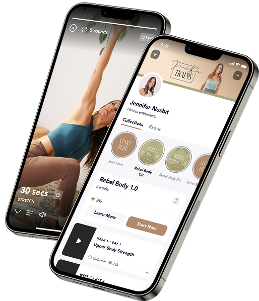 Two phones showing a fitness app with workout videos and training plans by Jennifer Nesbit.