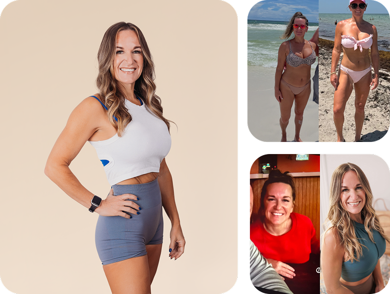 Collage of a Jennifer Nesbit shown in workout clothes and at the beach in swimwear, smiling in various settings.