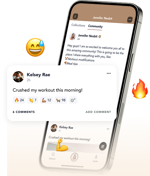 Smartphone screen showing a fitness community app with user posts about workouts and emojis for reactions.