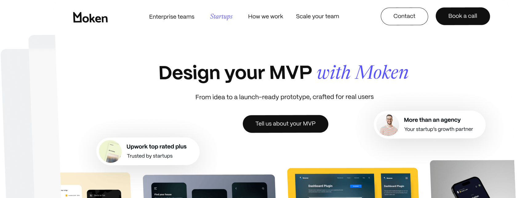Website homepage with a call to design MVPs with Moken, featuring navigation and testimonial highlights.