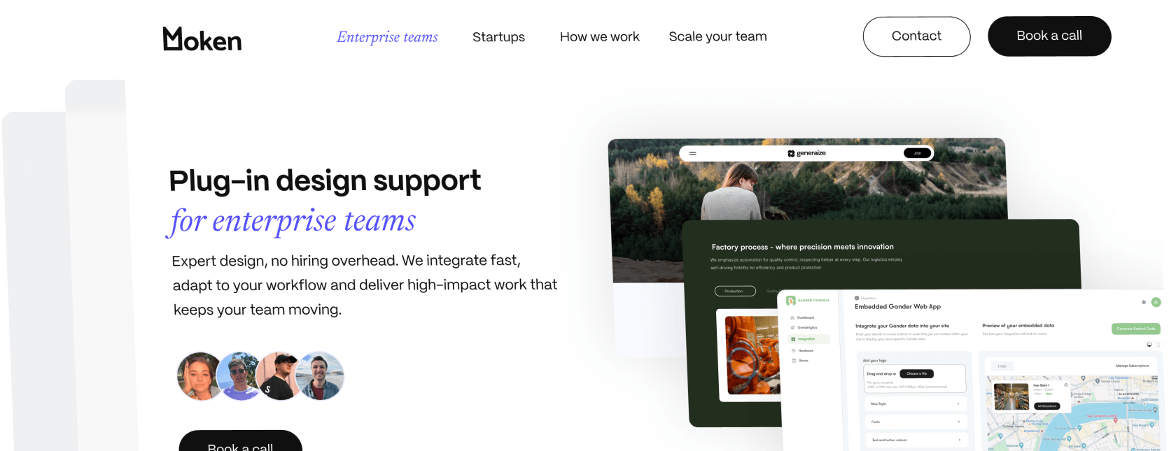 Website header for Moken offering plug-in design support for enterprise teams with screenshots and team photos.