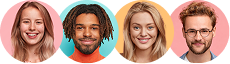 Four diverse young adults smiling in colored circular frames on a white background.