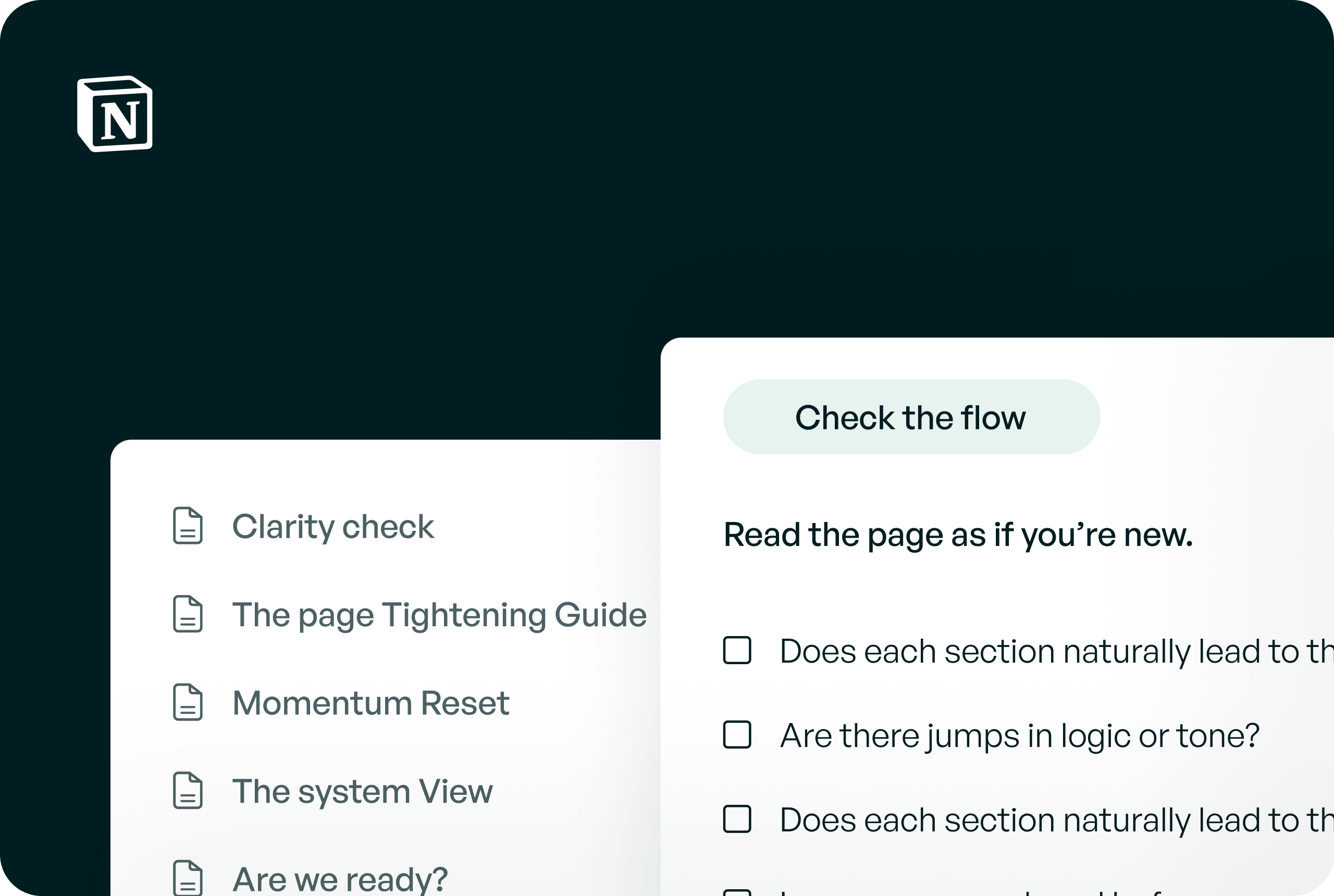 Notion app interface showing a checklist titled 'Check the flow' with tasks about page clarity and flow.