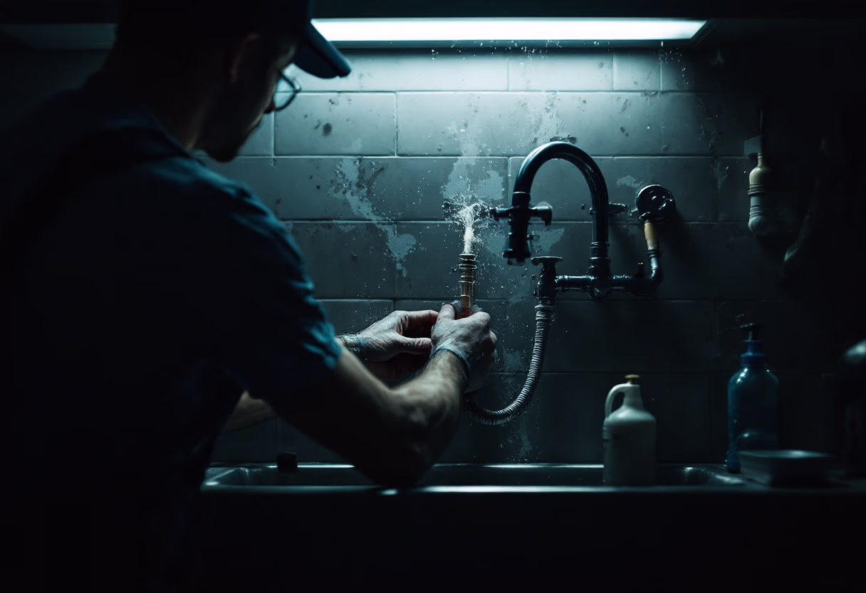 image of plumber working under a sink