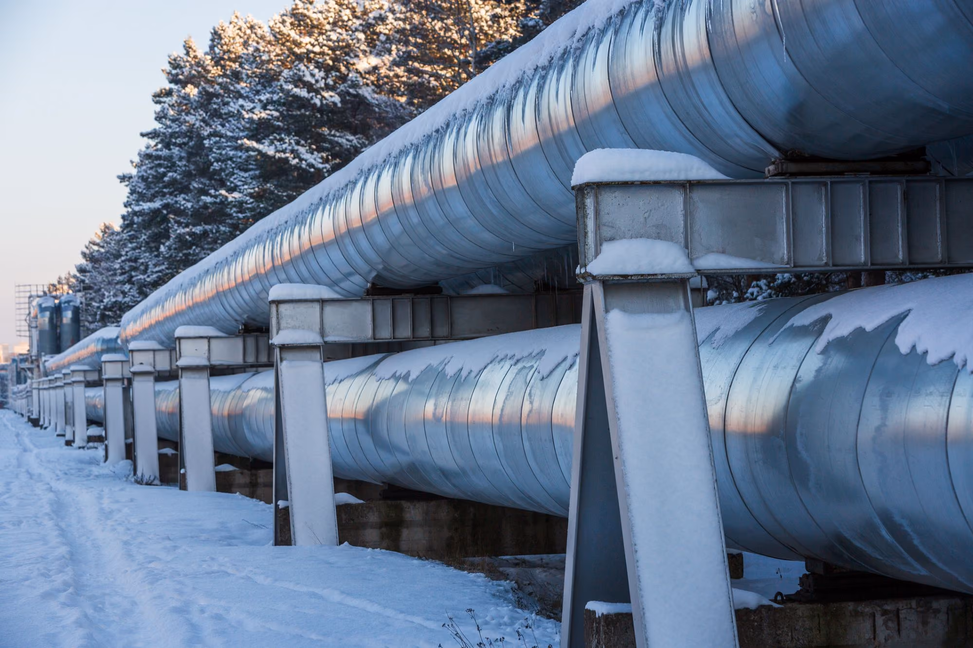 Large elevated metal pipelines covered with snow running through a snowy forest landscape.