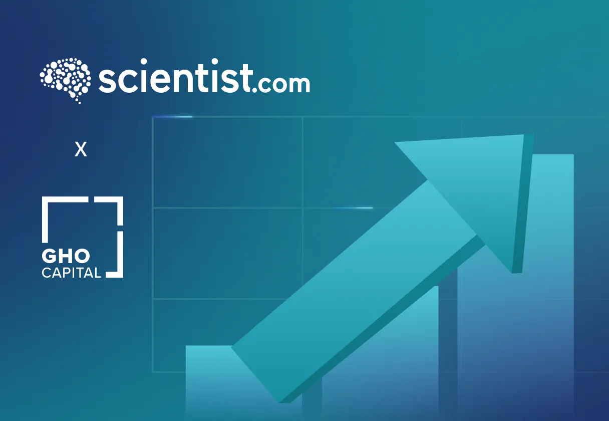 Scientist.com and GHO Capital logos with blue upward arrow showing growth on a grid background.