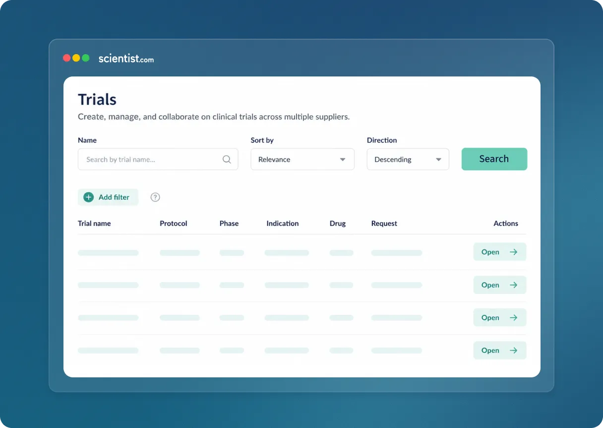 Clinical trial management dashboard showing filters, search, and sortable trial data table with action buttons.