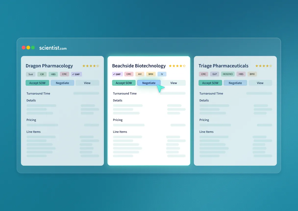 User interface showing three vendor cards with ratings, services, and buttons for accepting or negotiating.