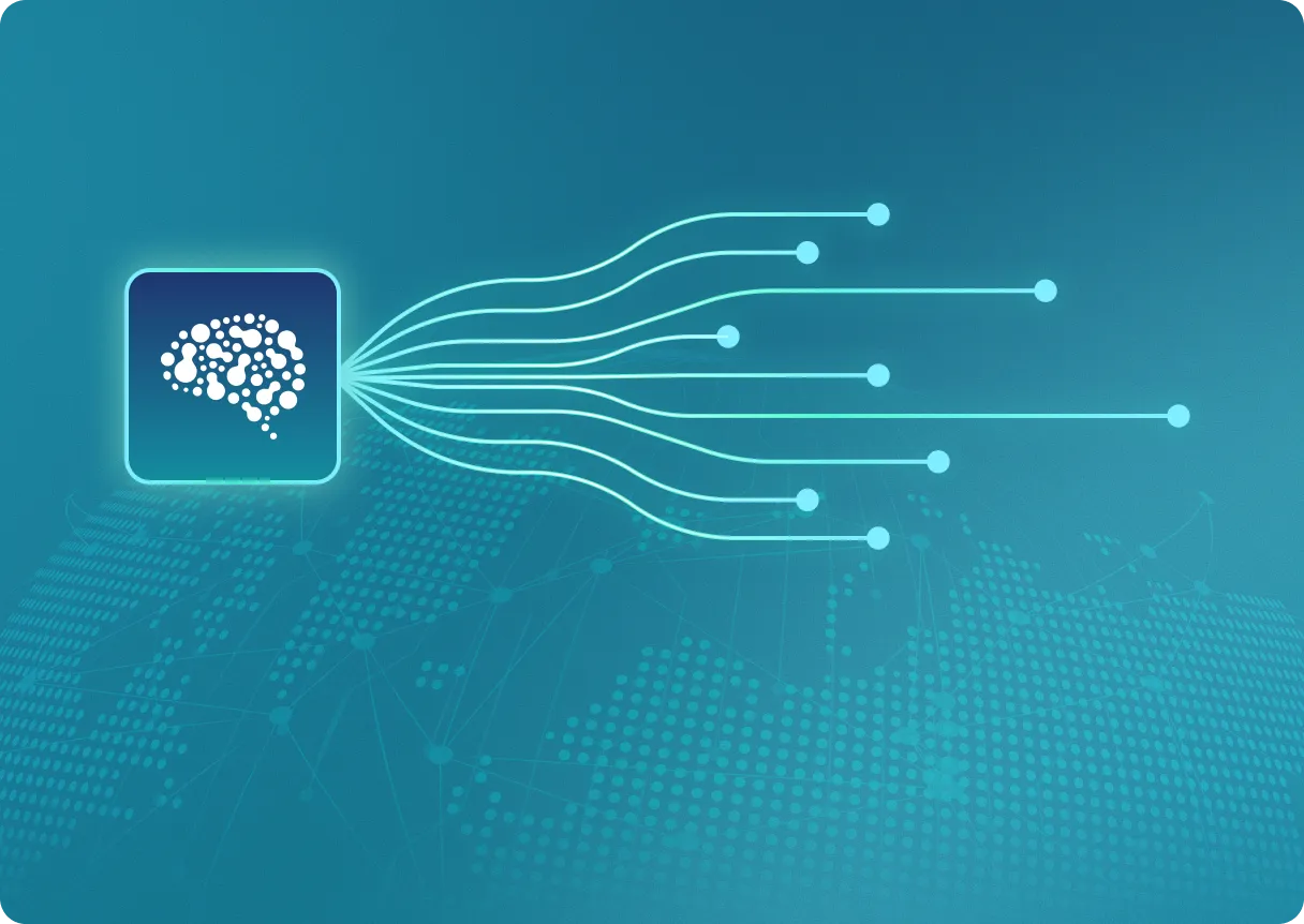 Digital brain icon connecting with multiple glowing lines over a dotted global map background.