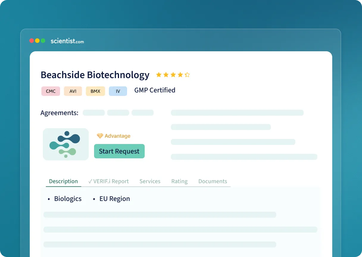 Scientist.com profile for Beachside Biotechnology showing a 4-star rating, GMP certified, with a start request button.