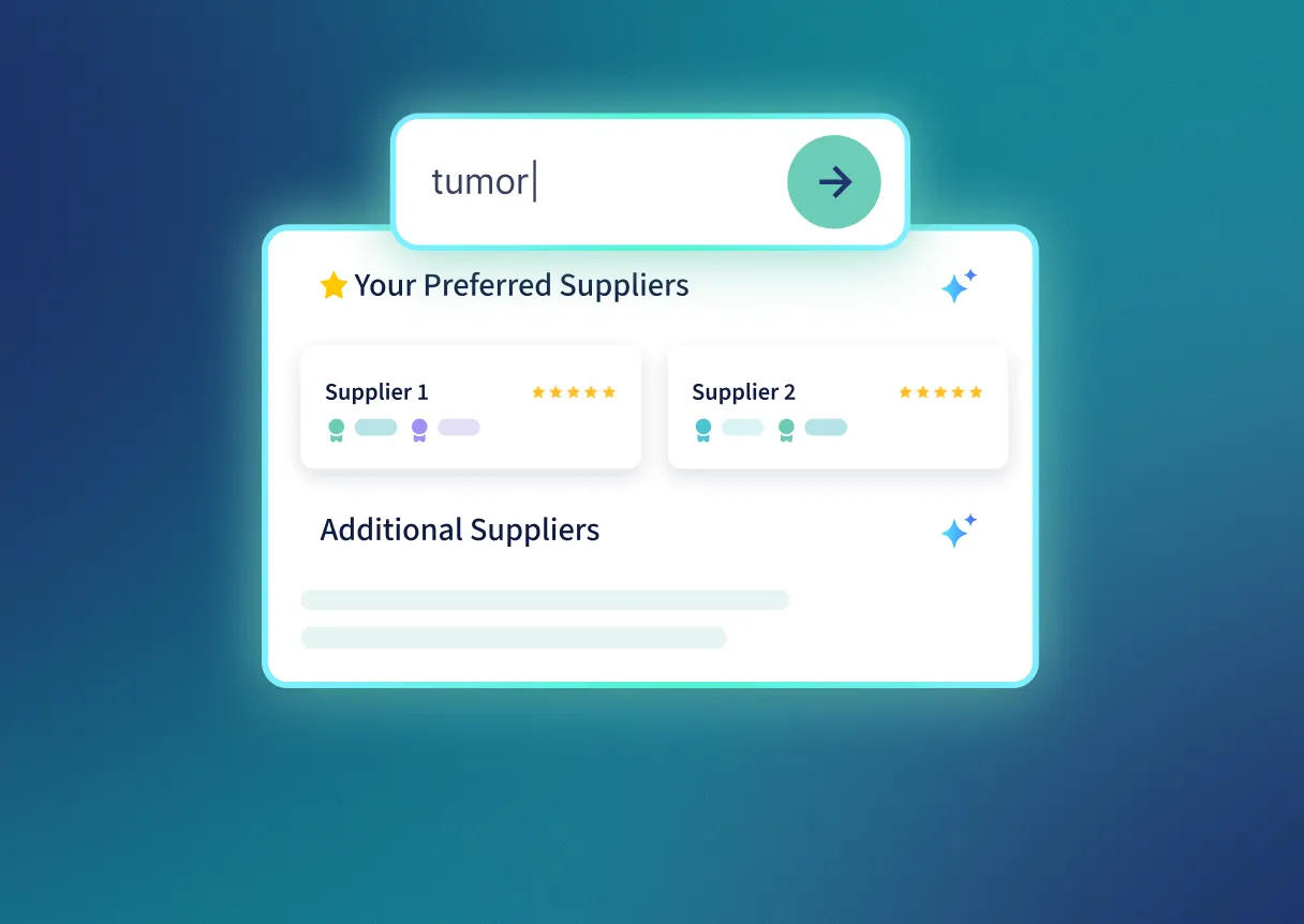 Search box with 'tumor' typed and results showing two preferred suppliers rated with five stars.