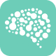 White abstract brain made of circles on a teal square background representing AI or thinking.