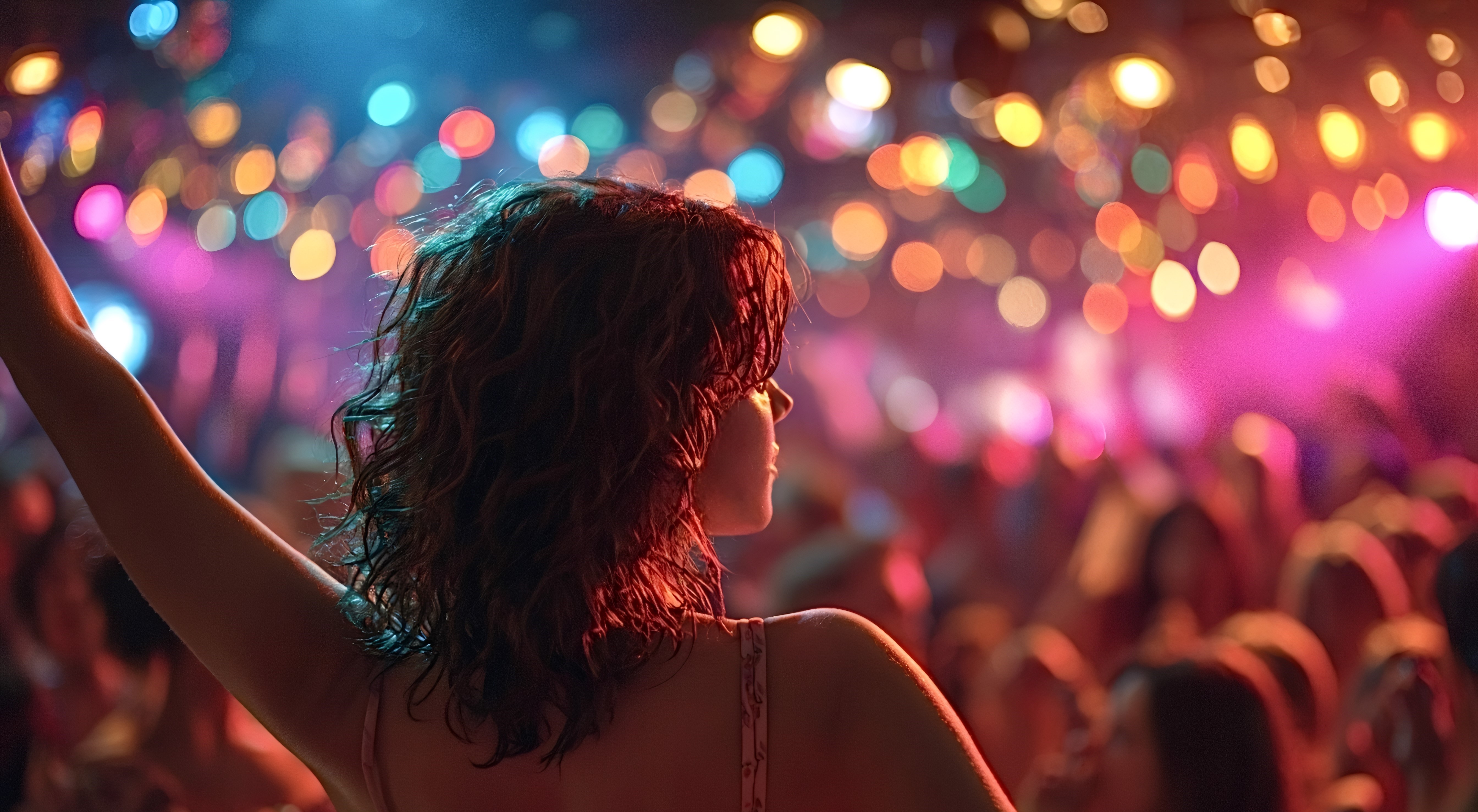 Woman with curly hair raising arm at a colorful, crowded nighttime concert or party.