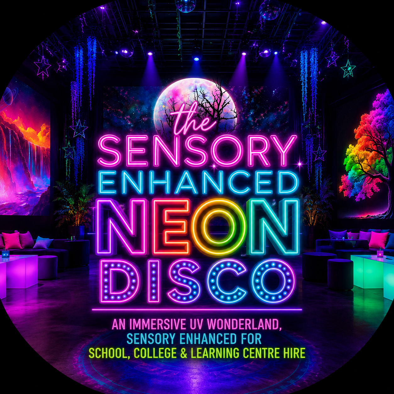 Vibrant nightclub interior with glowing neon tables, a DJ booth, and psychedelic murals of a colorful tree, a cosmic moon, and a rainbow waterfall.