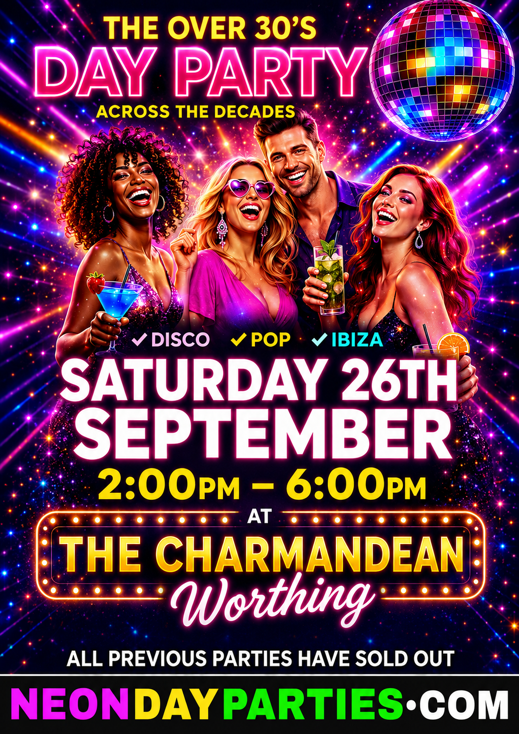 Four cheerful people holding colorful cocktails under disco lights at an over 30's day disco event.