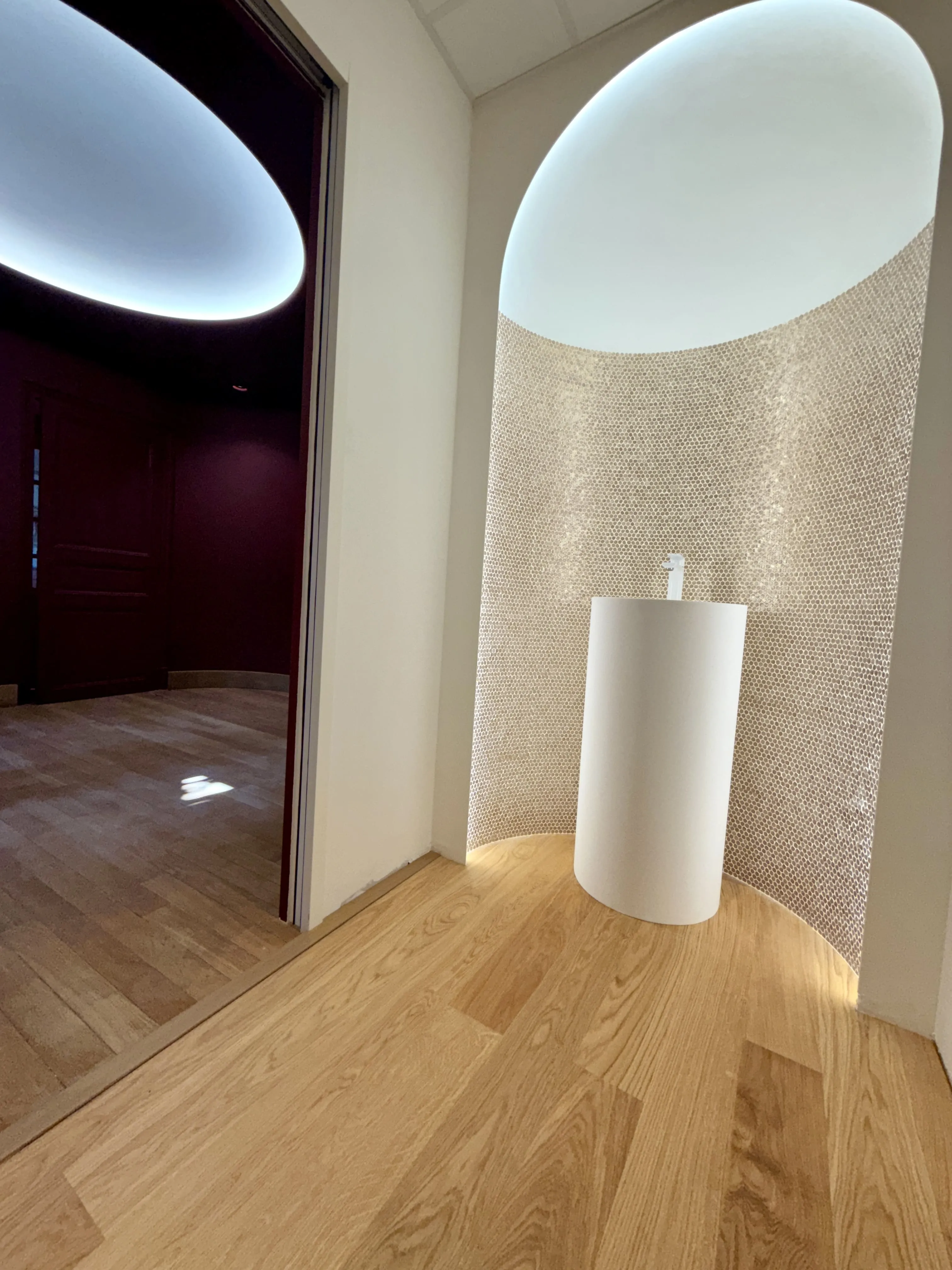 Niche courbe et plafond lumineux ovale au Domaine Gouges