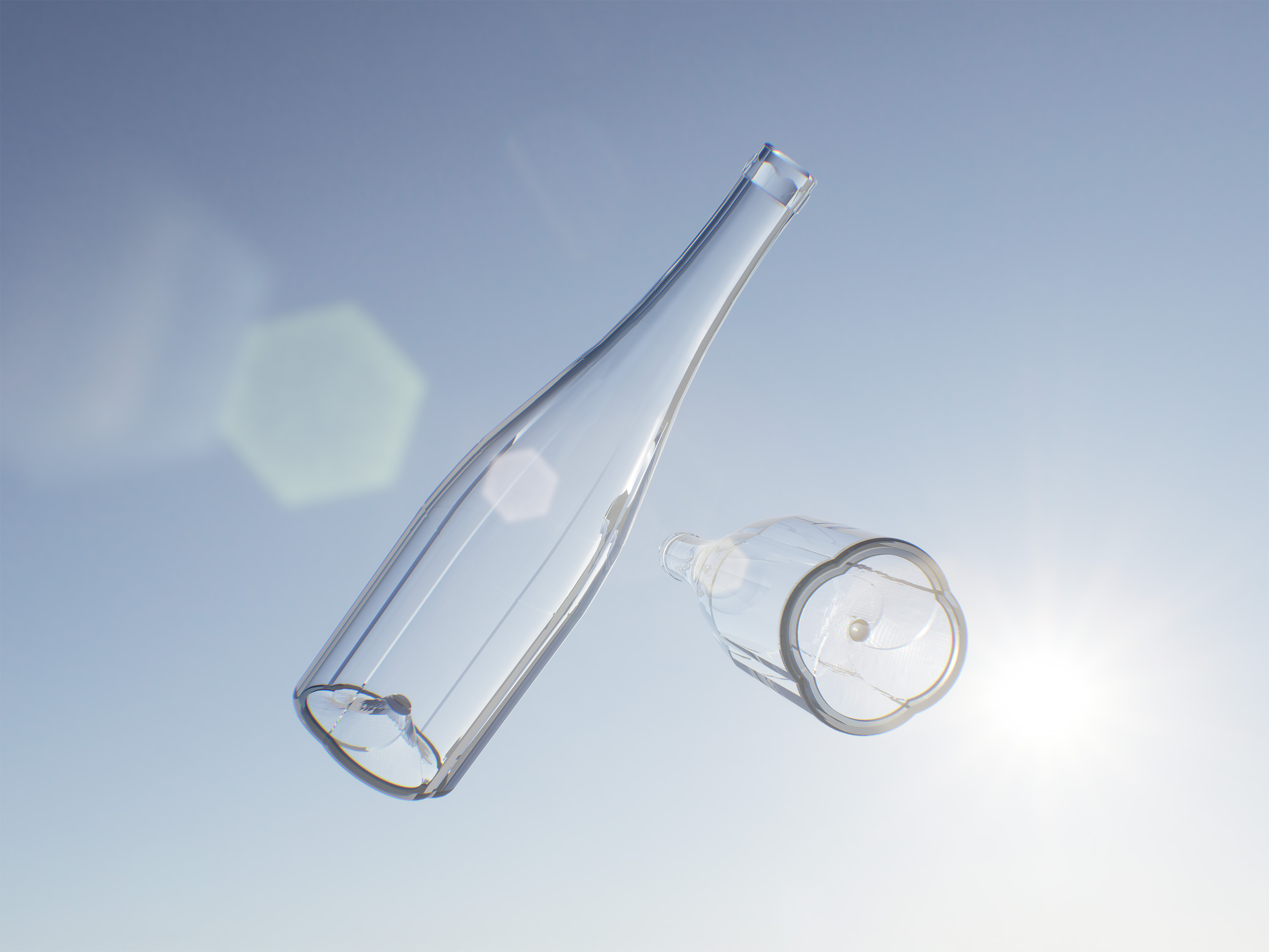 Rendu de la bouteille flottant dans le ciel