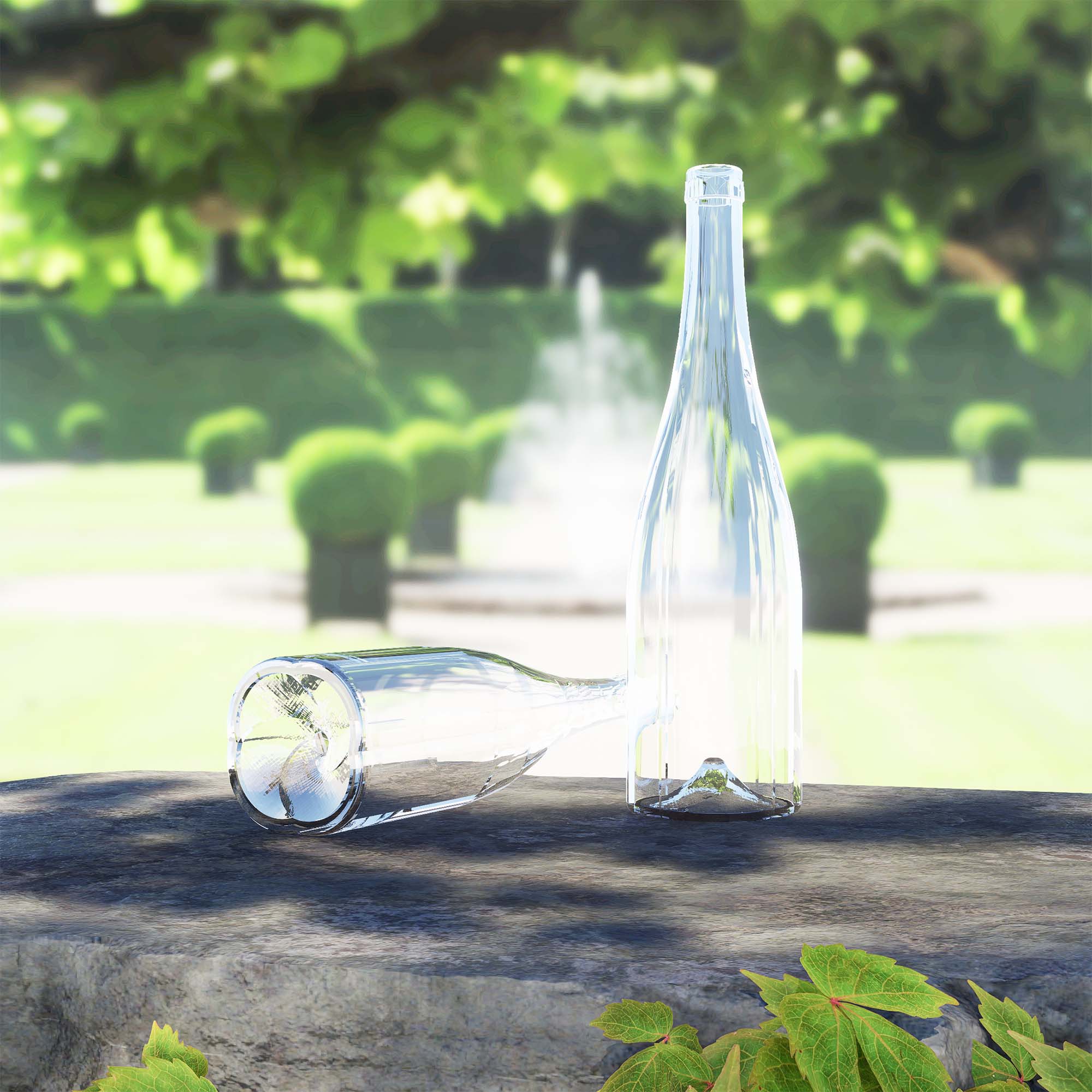 Mise en situation de la bouteille dans un jardin à la française