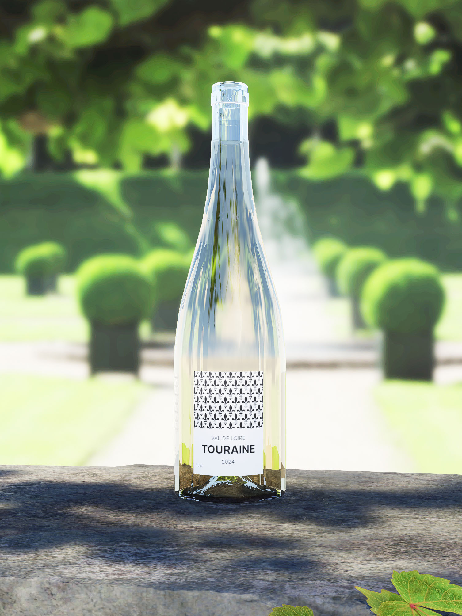 Mise en situation de la bouteille dans un jardin à la française