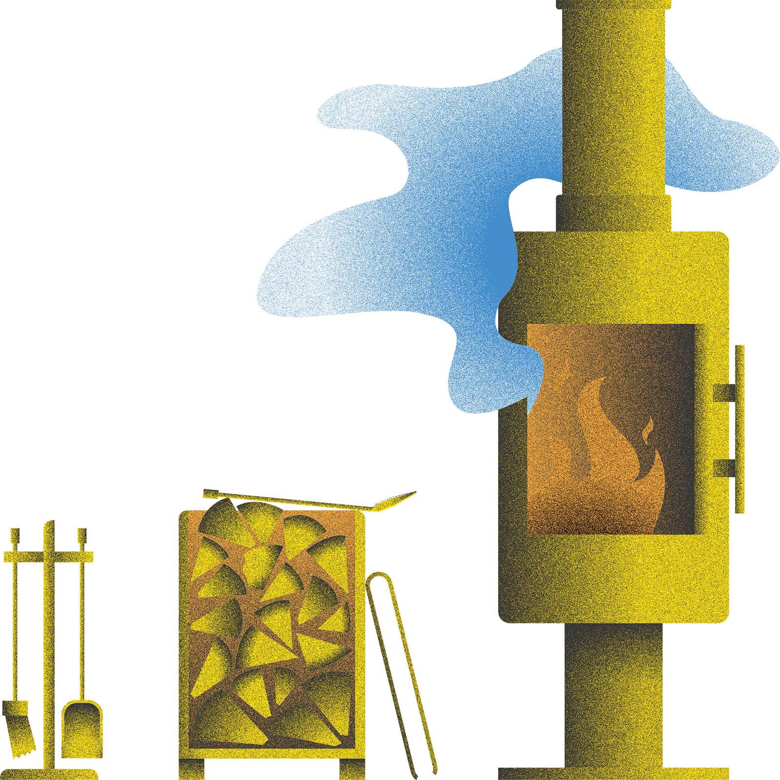 Dessin d'un poêle à bois et d'ustensiles jaunes stylisés