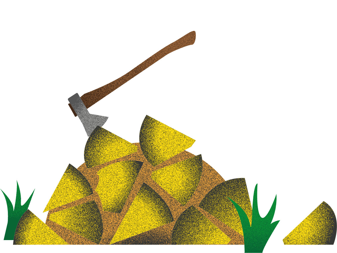 Dessin d'une hache plantée dans un tas de buches
