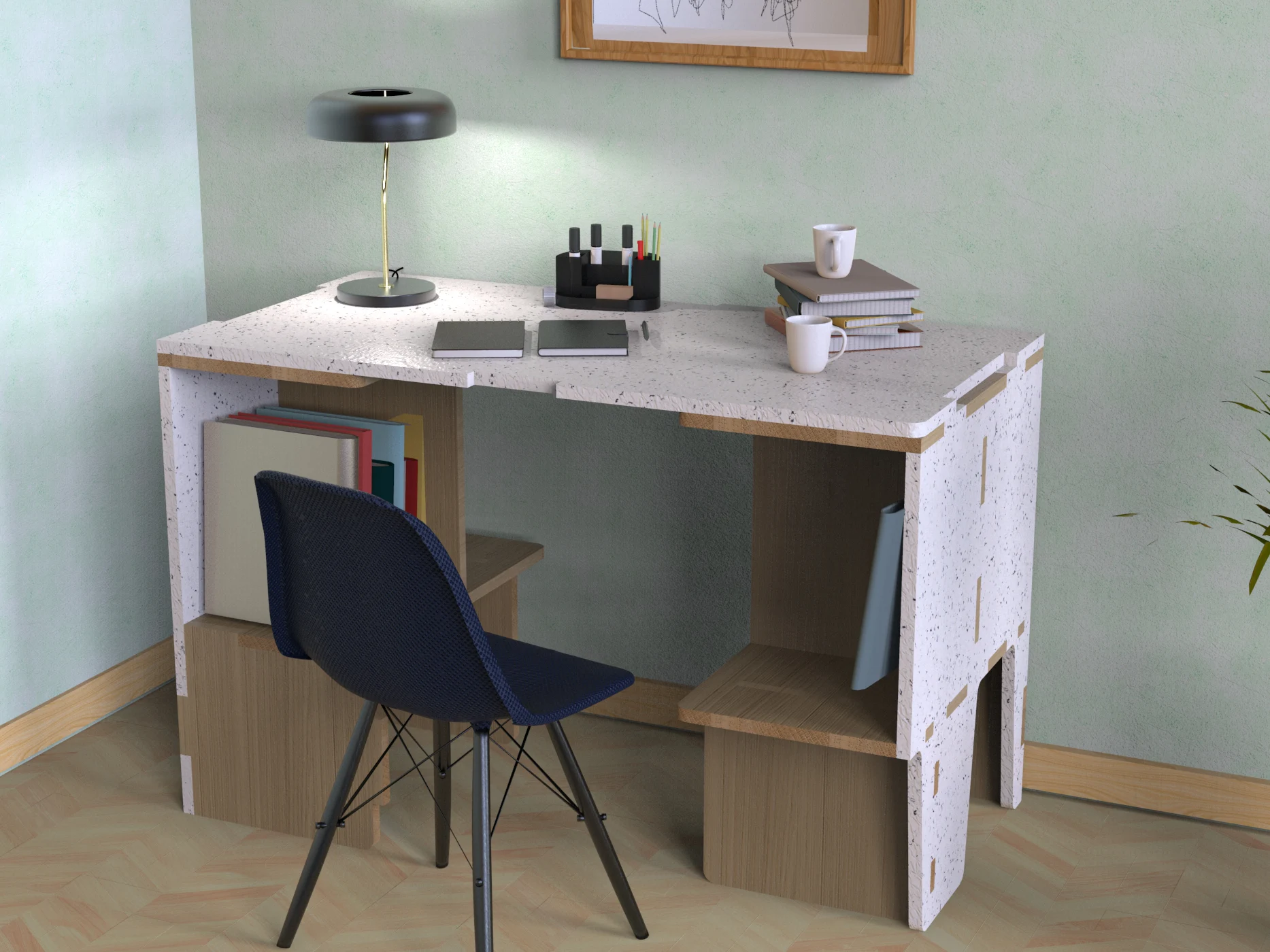 Rendu du mobilier modulable sous la forme d'un bureau de travail