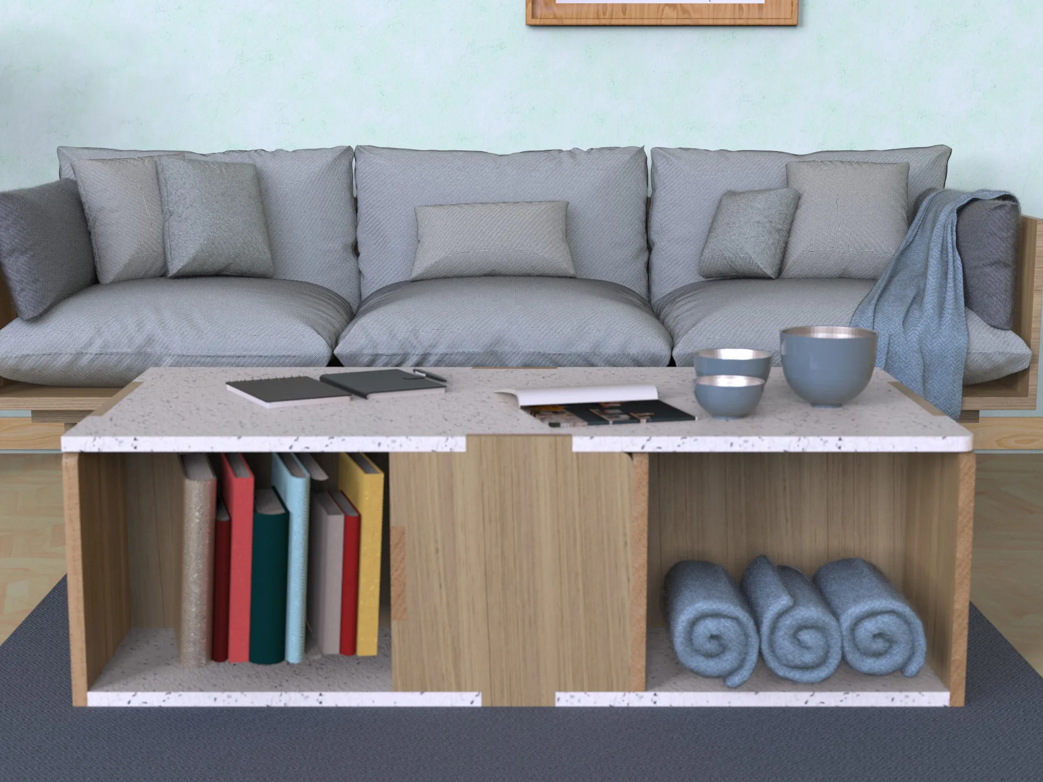 Rendu du mobilier modulable sous la forme d'une table basse dans un salon