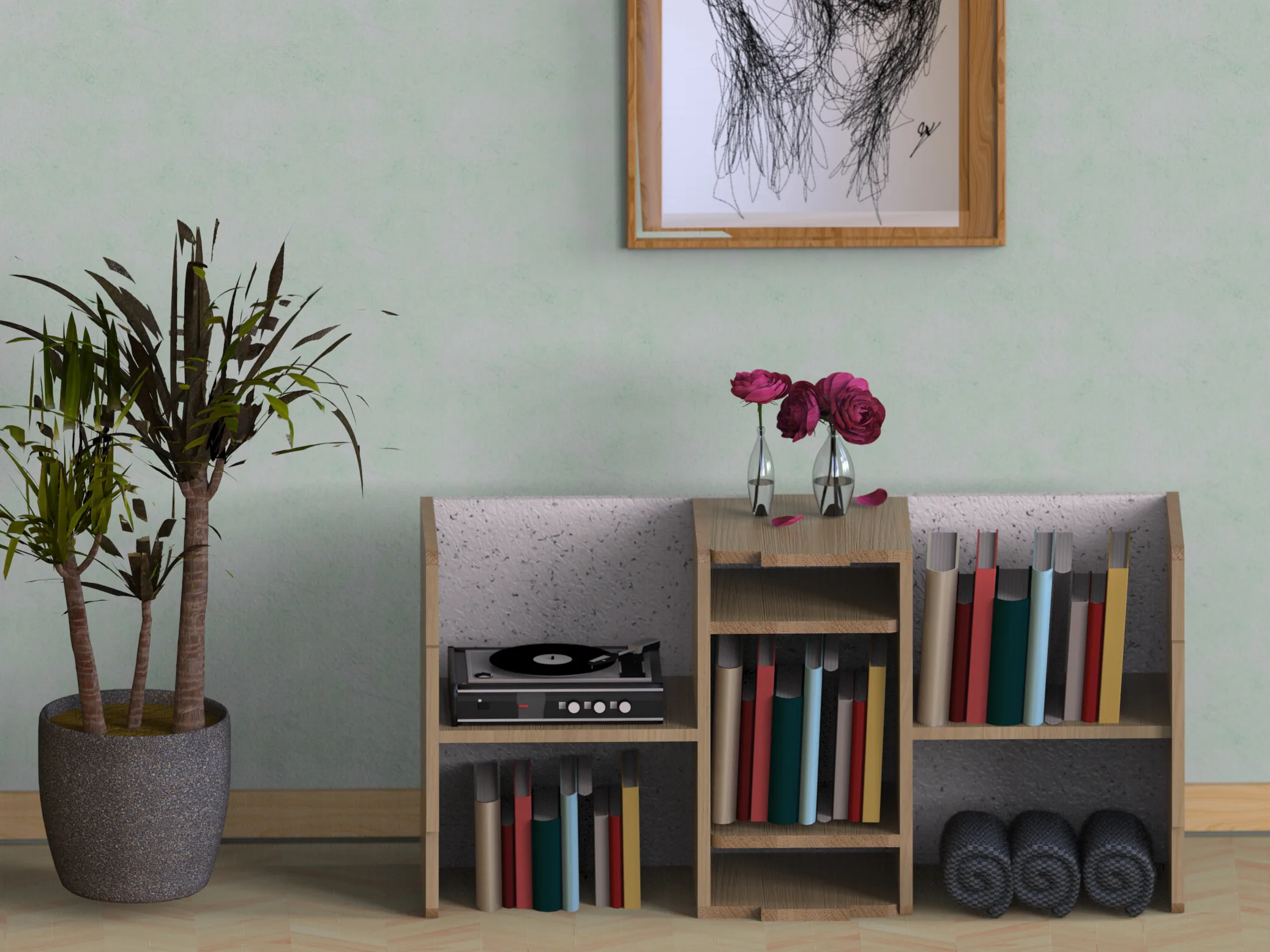 Rendu du mobilier modulable sous la forme d'un meuble de rangement