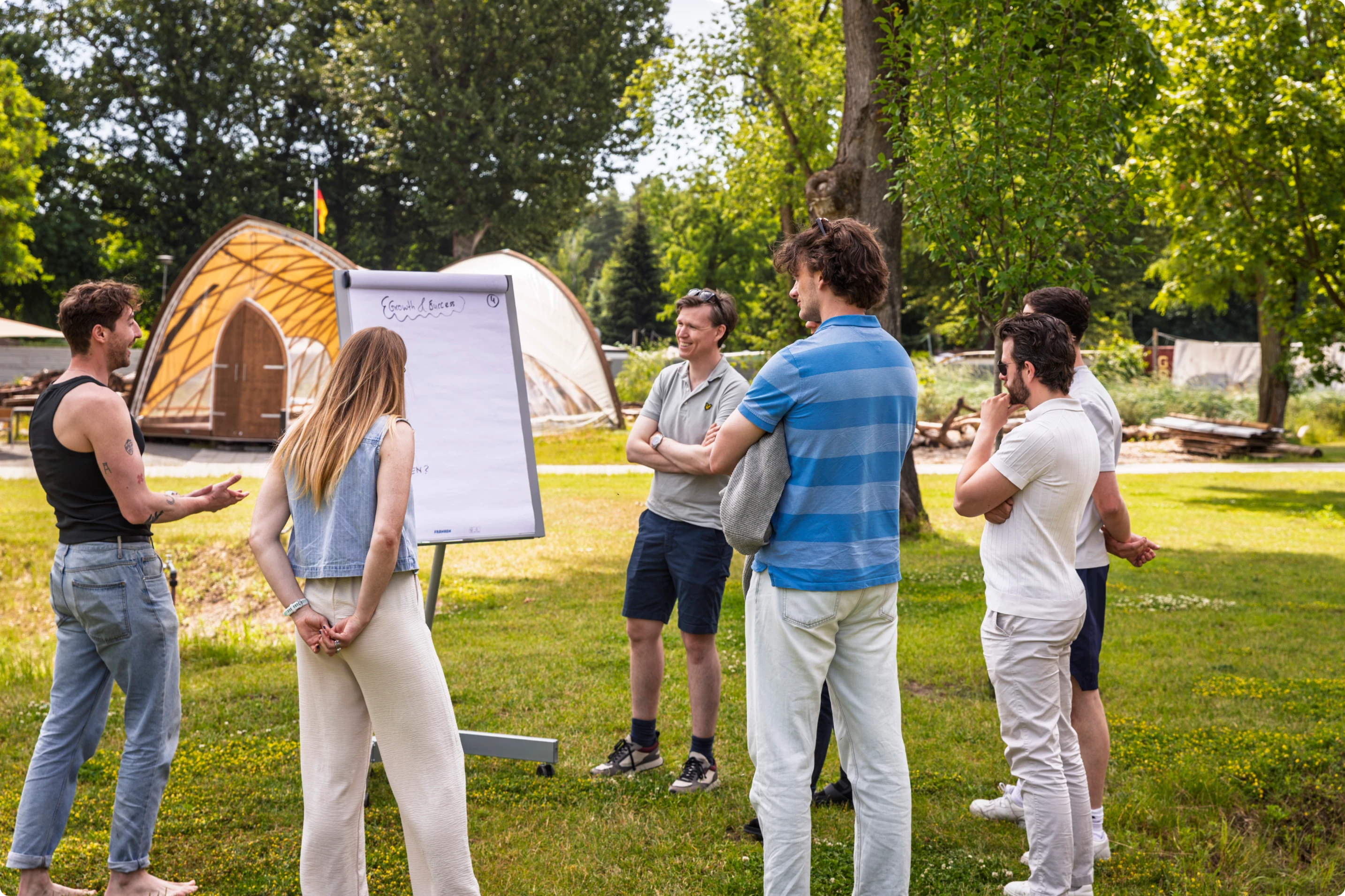 Sechs Personen diskutieren draußen vor Flipchart mit dem Titel Wachstum und Erfolg.