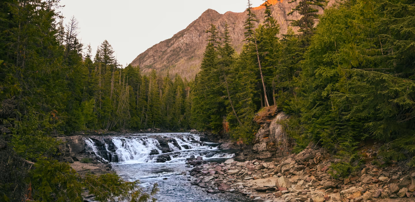 River with small cascading waterfall surrounded by green forest and rocky shore under a mountain.